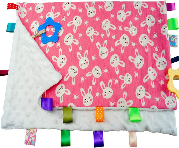 1 PC White Rabbit Big Size Baby Tag Blanket, Soft Security Label Taggy Blanket for Toddler Gift (21.7x17.7)