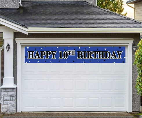 Large Happy 10th Birthday Banner, 10th Birthday Party Sign Blue, Decorations (9.8 x 1.6 ft)