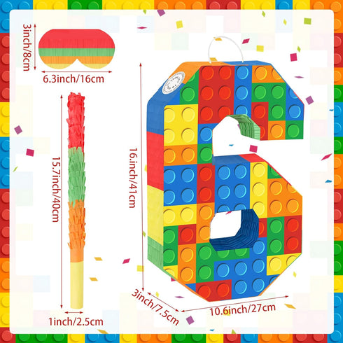 Number Building Blocks Decor for Pinata Birthday Party Supplies, Number 6 Fiesta Carnival Games with Stick & Blindfold