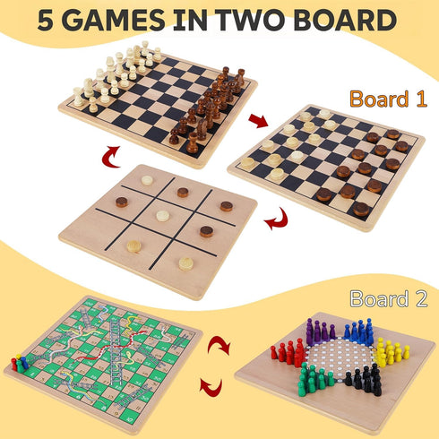 5-in-1 2 Glintoper Wooden Board Game with Reversible Boards for Chess, Checkers, Chinese Checkers, Snakes and Ladders