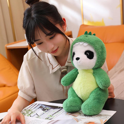 Cute Stuffed Panda Animal, 12 Inch Plush Toy Cosplay as Pink Dinosaur, Soft Panda Plushies for Kids