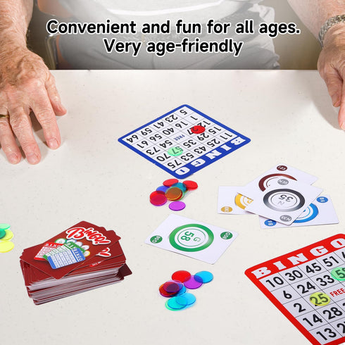 GSE Complete Bingo Game Set - 50 Bingo Cards, 500 Colorful Chips & Calling Cards for Parties and Game Night