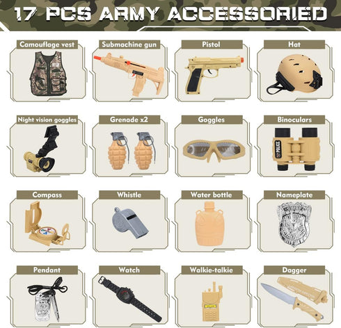 17 PCS Kids Army Costume - Military Soldier Dress Up Role Play Set with Camouflage Vest and Accessories
