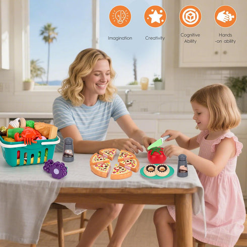 150Pcs Playset, 2Pack Kitchen Toddlers Pretend Cooking Cookware Accessories, Food, Picnic Blanket, Fruits, Veges