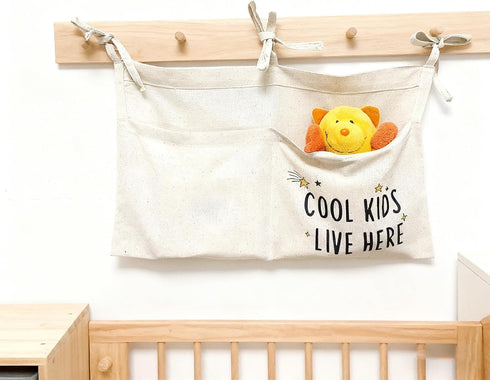 OldFarmBee 2 Cute Linen Baby Crib Hanging Storage Organizer, Pockets Nursery Playpen Cloth Bag with Strap, Minimalist