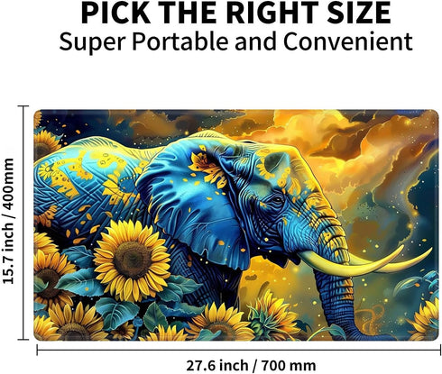 Elephant in Sunflower Field Premium Stitched Playmat for MTG & TCG, Colorful Thick Cloth Fabric, Rubber Bottom for