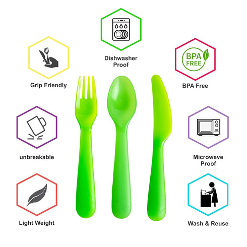 Kids Plastic Dinnerware Set of 36, Multi Color Flatware (Spoons, Forks, Knives), Reusable, BPA-Free, Dishwasher Safe