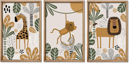 YWJKWLGS Boho Safari Nursery Wall Art Set of 3, 16x24 Inch Natural Solid