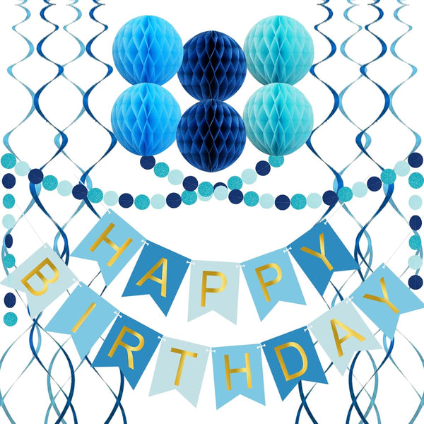 Blue Birthday Decorations with Happy Birthday Banner, Paper Honeycomb Balls, Circle Garland, Hanging Swirl Decorations