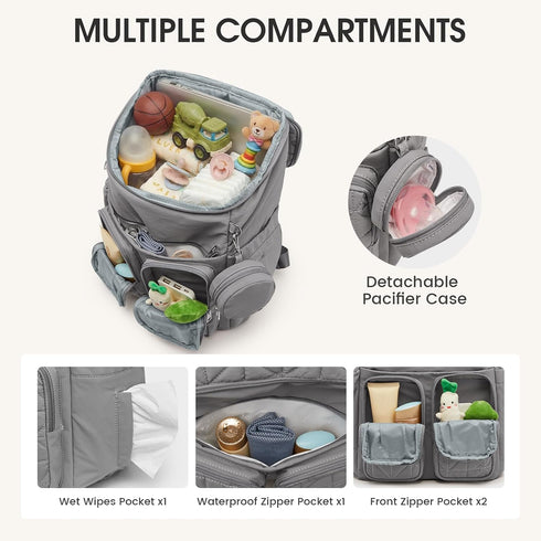 G4Free Backpack Diaper Bag for Moms Dads Travel Baby Bag with Pacifier Case & Insulated Pockets,Grey