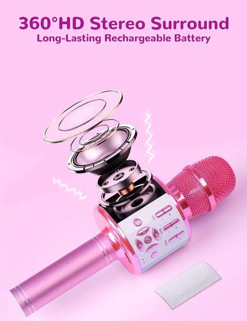 Amazmic Kids Karaoke Microphone with Lights, Birthday Gift for Girls and Boys Age 3-8 (Light Pink)