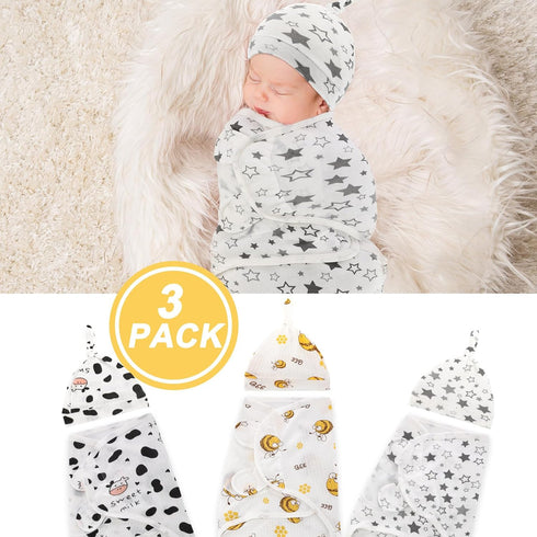 Chuarry 3 Pack Set Preemie Swaddle Blanket with Hat Preemie Hats Baby Receiving Blanket Swaddle Wrap for Newborn