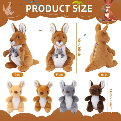5 16 Inch Mommy 4 PCS Kangaroo Stuffed Animal, Stuffed Kangaroo Plush Toy with Babies Insides, Kangaroos with Joey