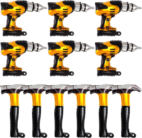 12 Pcs 18 Inch Hammer Drill Balloons Set, Construction Party Decorations for Father's Day Birthday