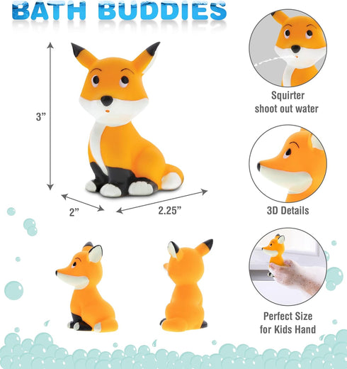 DolliBu Fox Bath Buddy Squirter - Floating Orange Fox Rubber Bath Toy, Fun Water Squirting Bathtime Play For Toddlers, Cute and Soft Wild Life Animal Toy For The Bathtub, Beach & Pool for Girls & Boys