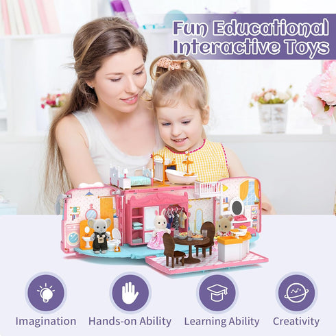 Playset, Set 3 4 5 6 MITCIEN Dollhouse DIY Pretend Portable Caravan Camper Bus Toy Kit with Little Critters Bunny Dolls