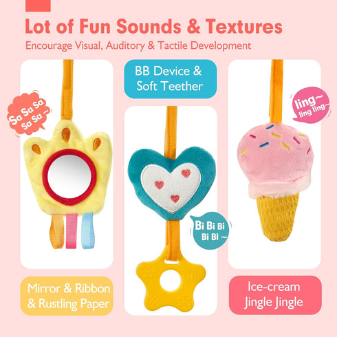 hahaland Car Seat Toys for Babies 0-6 Months Girl - Rattle, Mirror, Crinkle, Squeaky Stroller Toys for Development