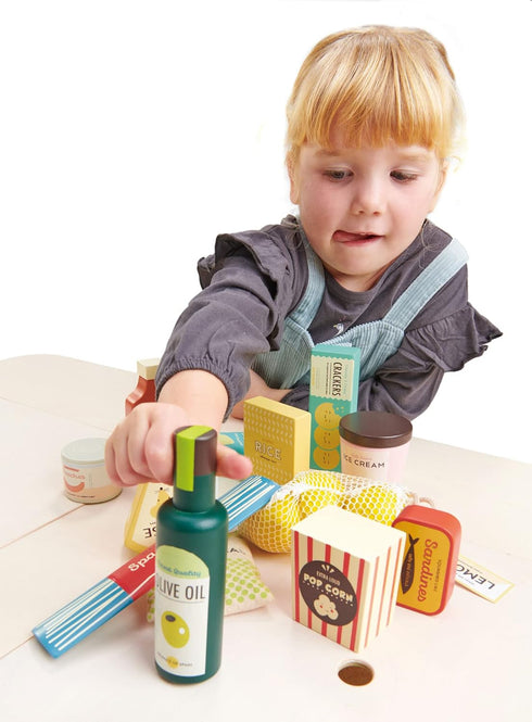 Tender Leaf Toys - Supermarket Grocery Set - 17 Pcs Wooden Pretend Play Food Pack for Age 3+