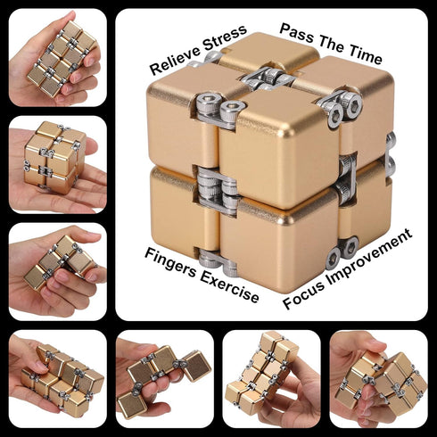 Aluminum Alloy Metal Infinity Cube Fidget Toy (Gold) - Handheld Desk Toy with Cool Case, 6 Colors, Relieve Stress