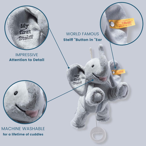 Steiff Ellie Elephant Musical Pull Toy - 10 Inch Light Grey Plush with Peaceful Lullaby, Machine Washable