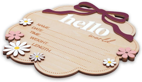 TTMerriwood Hello World Wooden Baby Birth Announcement Sign with Pink Bow, Cloud Shape Floral Newborn Name Date Time