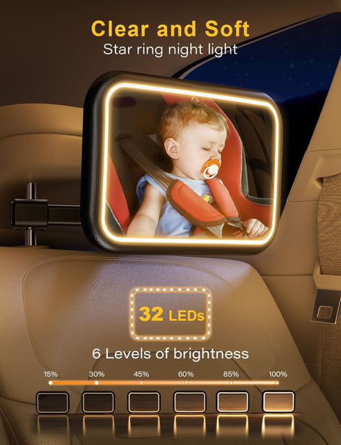 Baby Car Mirror With Light - Rechargeable 2000mA Rear Facing Hook Clip Design for Crystal Clear View