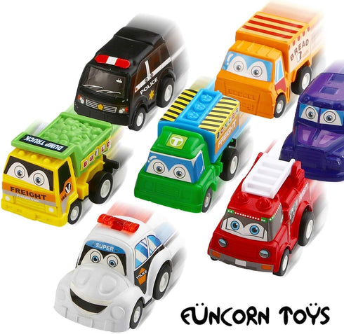 12 Pack Set, Set Funcorn Toys Pull Back Car, Assorted Mini Plastic Vehicle Pull Back Truck and Car Toys for Boys Kids