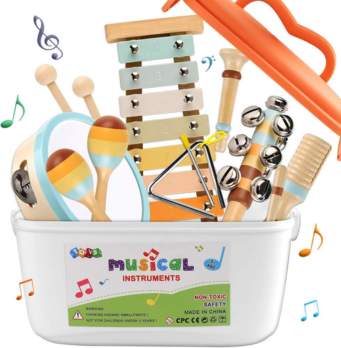 LOOIKOOS Musical Instruments for Toddlers 1-3, Neutral Color Kids Montessori Wooden Percussion Instruments Set