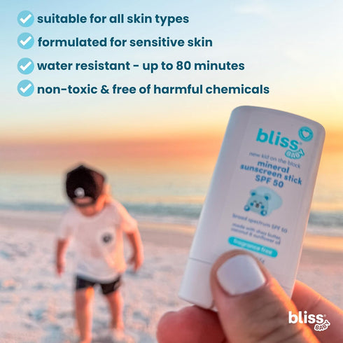 50, Bliss Baby Mineral Face Sunscreen Stick, SPF Natural Zinc Oxide, Unscented, Hypoallergenic & Dermat Tested