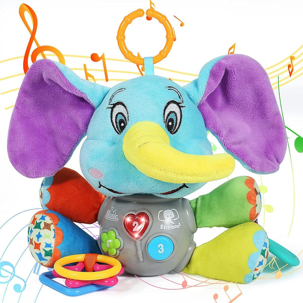 Multifunctional Luminous Plush Elephant Baby Music Toy, 12 Songs and Nature Sounds, Teething Toy for Car Seats and Cribs