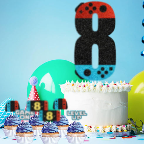 Teen Video Game Unlock Level UP 8 Happy Birthday Cake Topper 7 - PC Set - Perfect Video Game Birthday Party Decorations