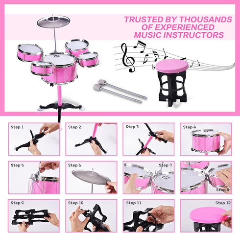 Kids Drum Toy Set Rock Jazz Drum (Pink) - Suitable for Children Aged 3-6