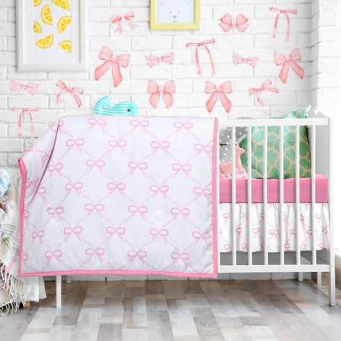 5 Set SmoothNovelty Pcs Pink Bow Crib Bedding Include Print Crib Sheets Bed Skirt Comforter Pad Cover Wall Stickers