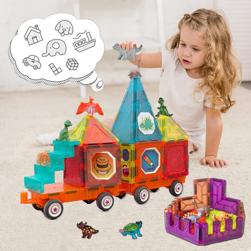 Magnetic Tiles Building Blocks with 4 Cars Magnet Train Set - STEM Toy for Kids, Educational Creativity