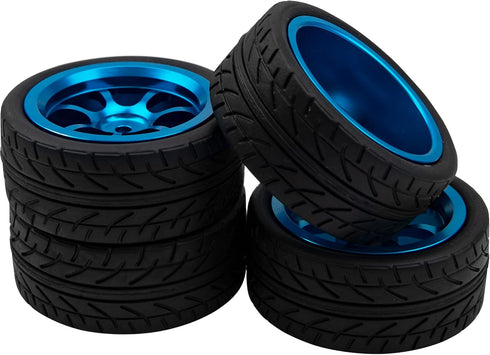 Metal Wheel Rims 12mm Hex Hub & OD 2.56" Rubber Tires Compatible with Tamiya HPI Kyosho HSP Redcat Exceed RC 1/10 On-Road Touring Car WLtoys 1/14 144001 (Dark Blue)