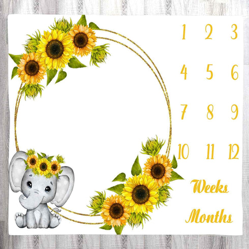 Sunflower Baby Age Blanket, Cartoon Elephant White Growth Chart Memory Blanket, 48x40 Inch