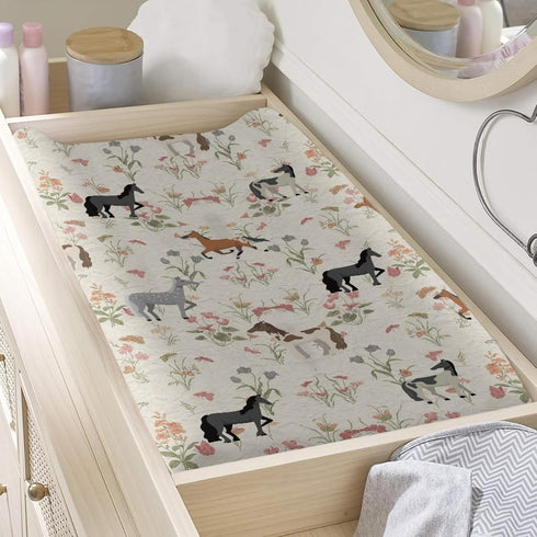 Horse Flower Changing Pad Cover, Toddler Baby Girls Boys, Soft Breathable Stretchy Diaper Change Table Sheet