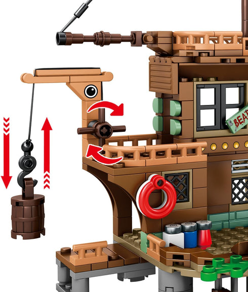 RiceBlock Sets 8-12, 573 Pirate Ship Building Toys, Pirate Wharf Themed City Store Building Bricks for Boys Age Pieces
