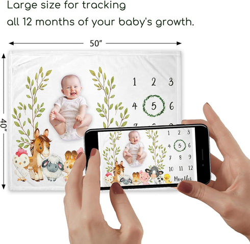 Farm Animals Milestone Blanket, Farm Baby Growth Chart Monthly Blanket, Watch Me Grow Baby Nursery for New Moms Baby Shower, Horse Cow Sheep Pig, includes Marker (50"x40") by Yuzioey