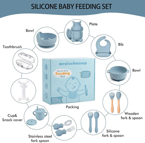 mraisebossup Set 15 Silicone Baby Feeding PcsBaby Plates,Baby Spoons Suction Bowl Divided Plate Bib Cup Finger Brush