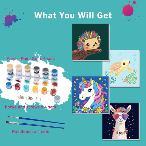 8-12 4 Pack Set (8x8 Inch) AILIBUT Paint by Numbers for Kids Ages & Beginners - Animal Canvas Art Kits with Framed
