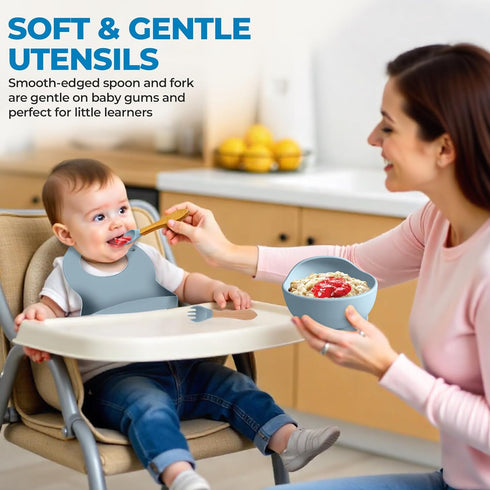 Generic 5-Piece Set 100% Silicone Baby Feeding Suction Bowl, Divided Plate, Adjustable Bib, Spoon & Fork Food-Grade