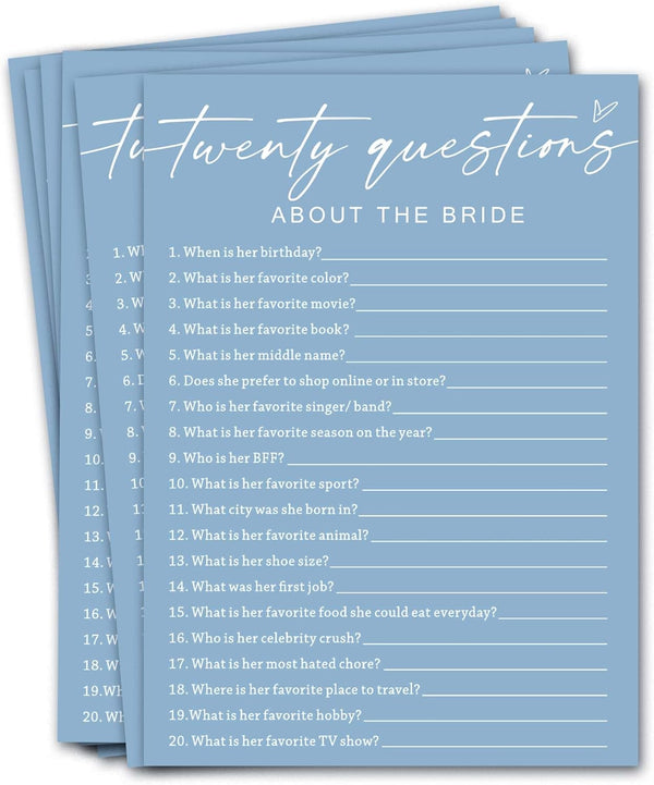 Bridal Shower Games Cards, Twenty Questions about The Bride, Engagement Party Wedding Games for 25 Guests, Minimalist