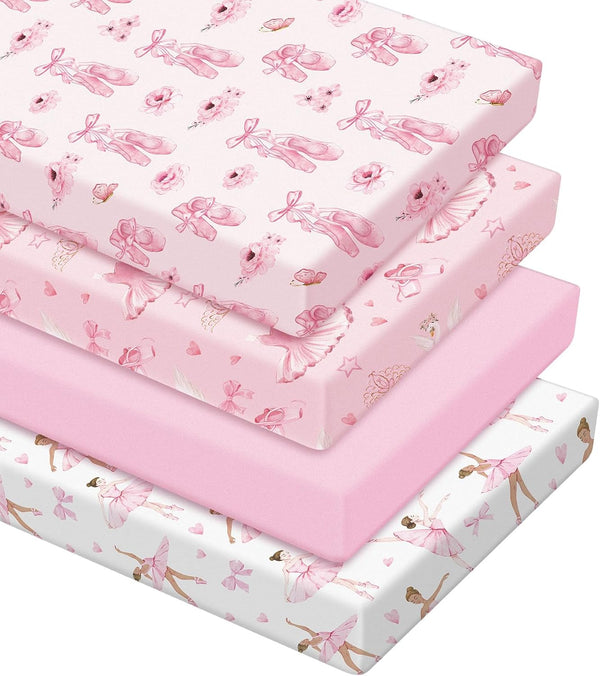VitalCozy 4 Pcs Pink Bow Ballerina Crib Sheet Set Newborn Bedding Nursery