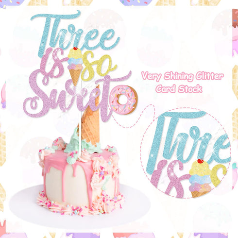 Three Is So Sweet Ice Cream Party Decorations - Banner, Cake, Cupcake Toppers, Macaron, Balloons for Donut Theme Third
