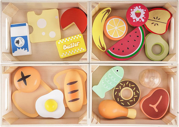 Food Groups Wooden Play Food Sets, Pretend Play Kitchen Toys for Toddlers 1-3, Fake Food Accessories