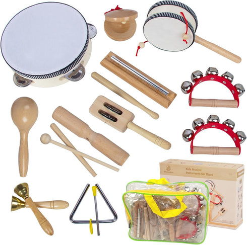 Wooden Musical Instruments Set for Toddlers 1-3, Natural Wood Percussion Instruments Xylophone