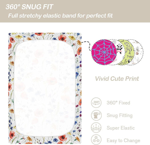 CaTaKu 27"x 39" Crib Sheets for Girls & Boys - Wildflowers Poppy Baby Sheets, Neutral Toddler Mini Crib Mattress Sheets