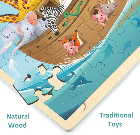 Wooden Noah's Ark Puzzle for Kids Ages 3-5 - 48 Piece with Puzzle Tray, Religious Scene