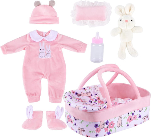 BABESIDE 8 Pcs Reborn Baby Doll Clothes with Bassinet for 17-22 Inch Baby Dolls, Outfit Accessories